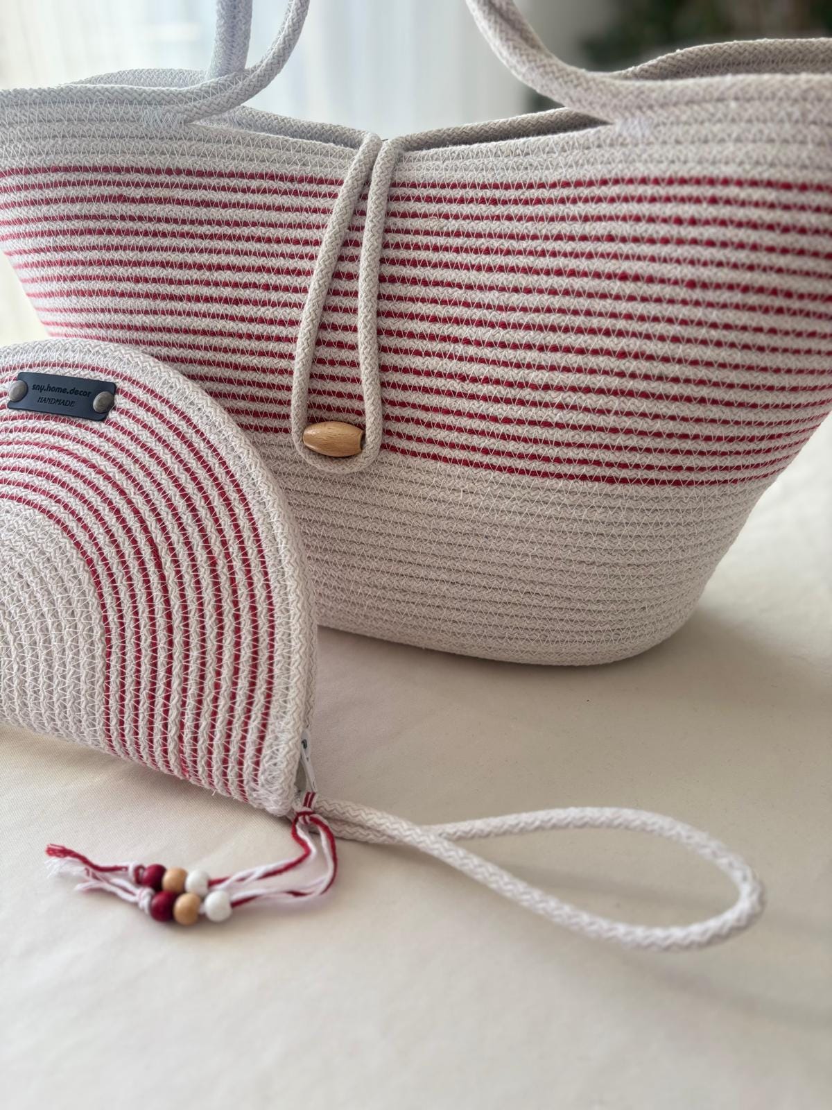 Rot & Weiß Handgewebte Jute Seiltasche: Sommer Strandtasche