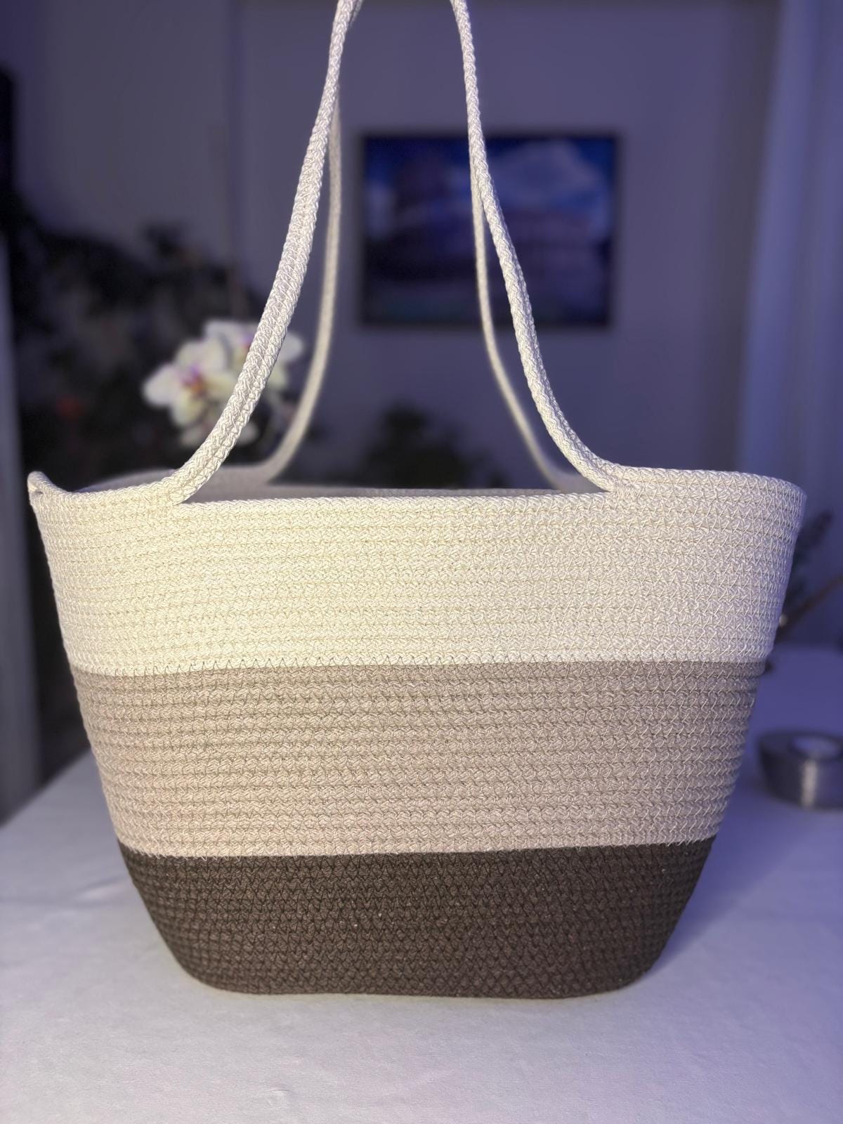Three Tone Handwoven Jute Rope Shoulder Bag: Cotton Lining