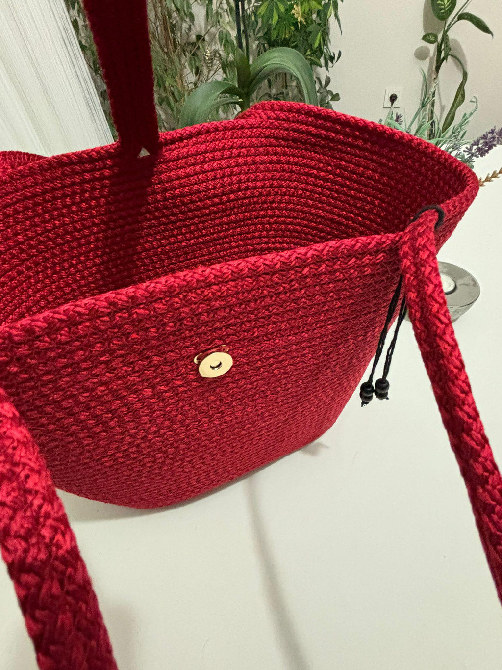 Handgewebte rote Seil-Umhängetasche: Rote Boho Strandtasche