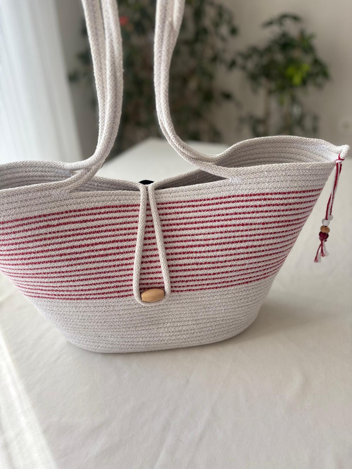 Rot & Weiß Handgewebte Jute Seiltasche: Sommer Strandtasche