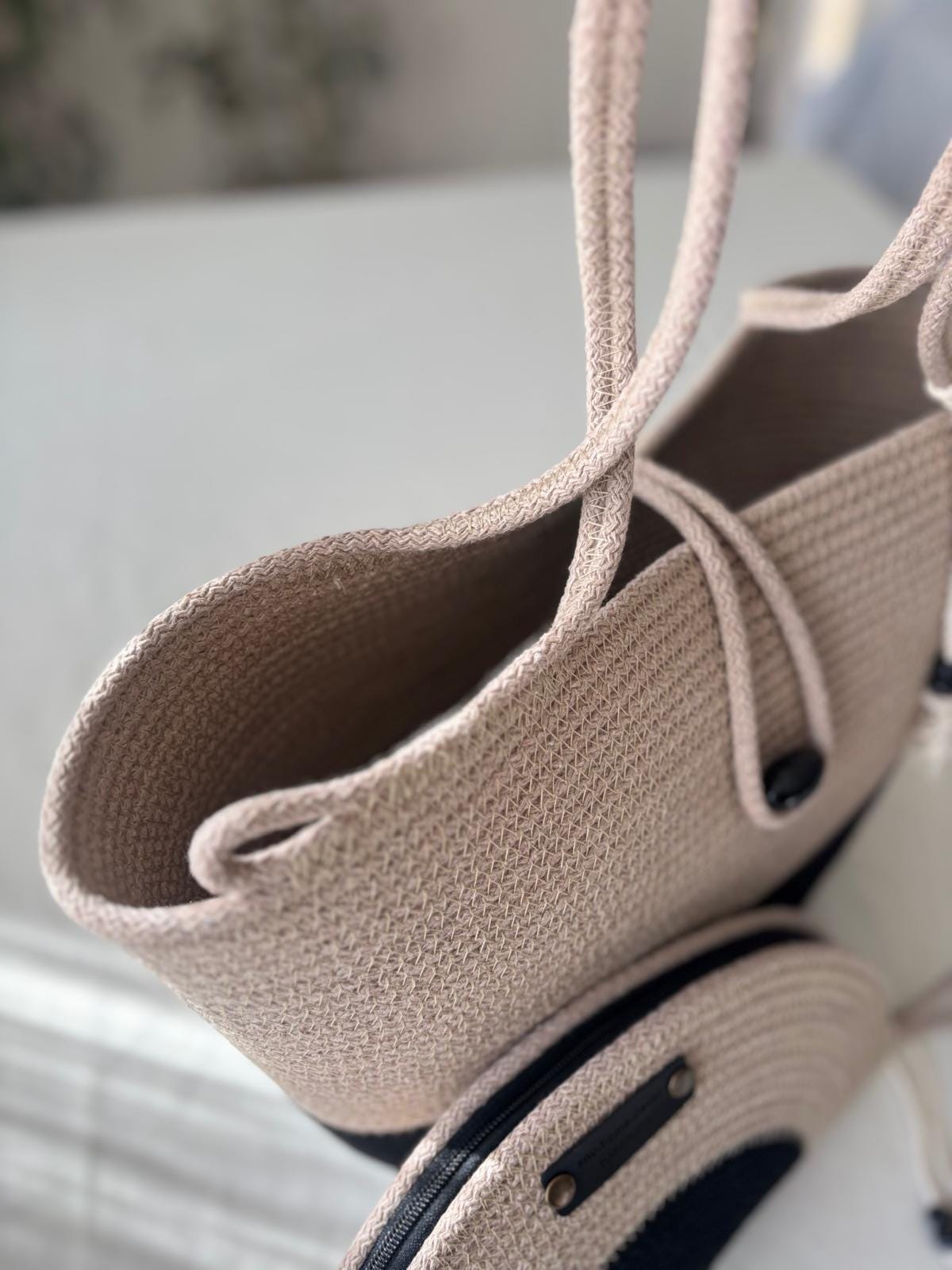 Handwoven Jute Rope Bag: Beige & Black Boho Beach Tote