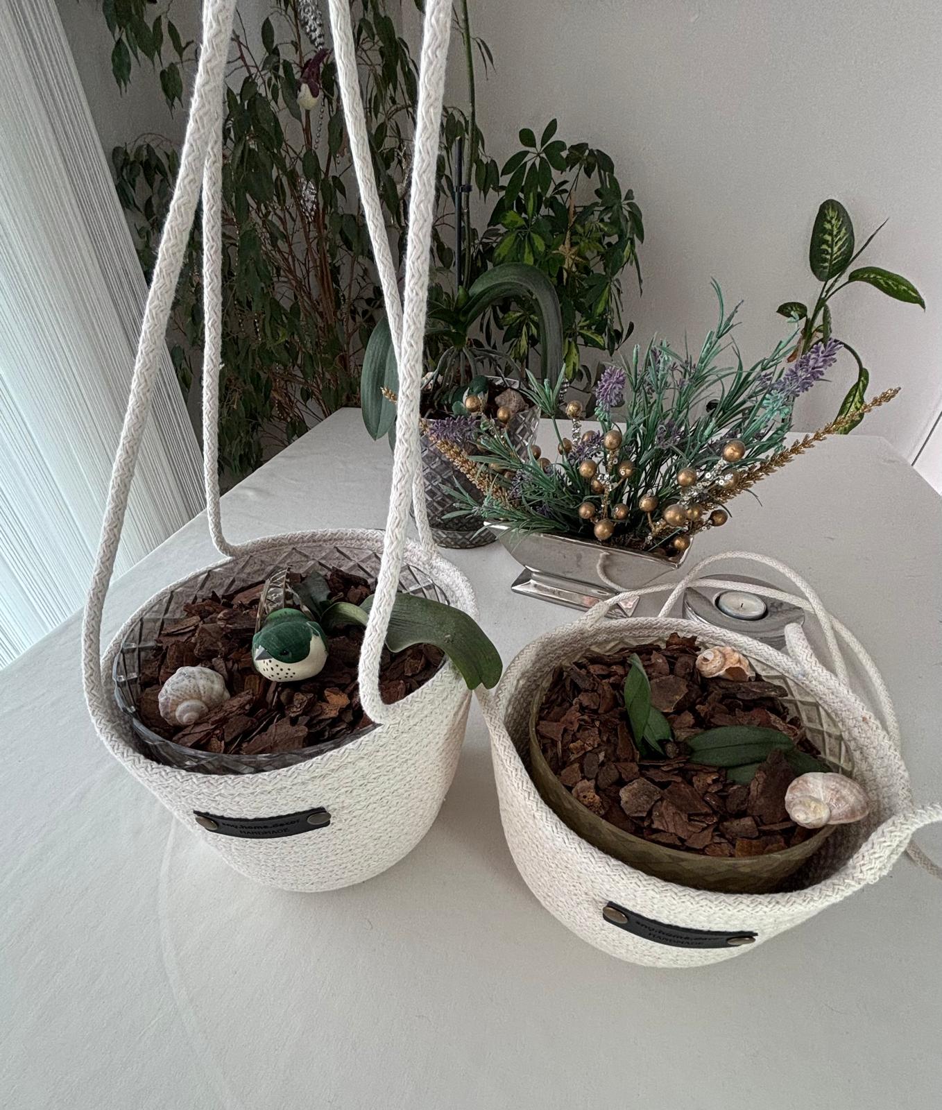 Handmade Crochet Cotton Hanging Planter Basket Set: Indoor/Outdoor Decor
