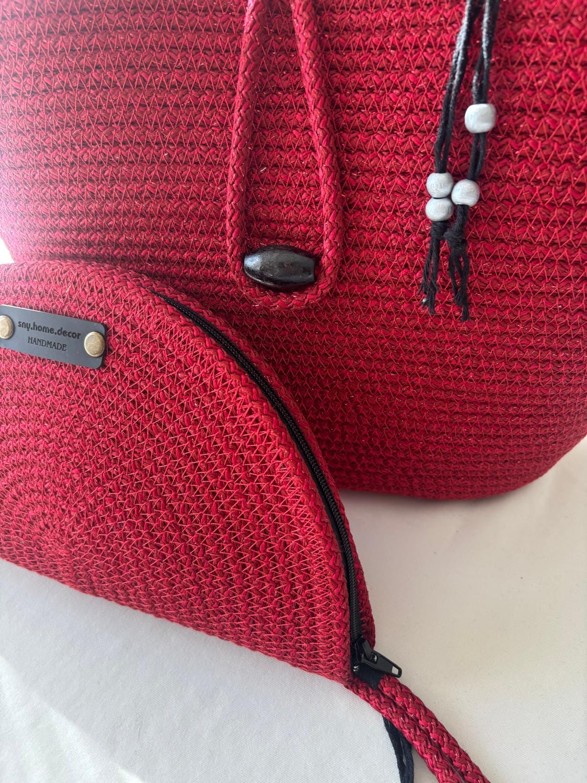 Glänzende rote handgemachte Jute-Seil Umhängetasche: Geflochtene Boho-Tasche