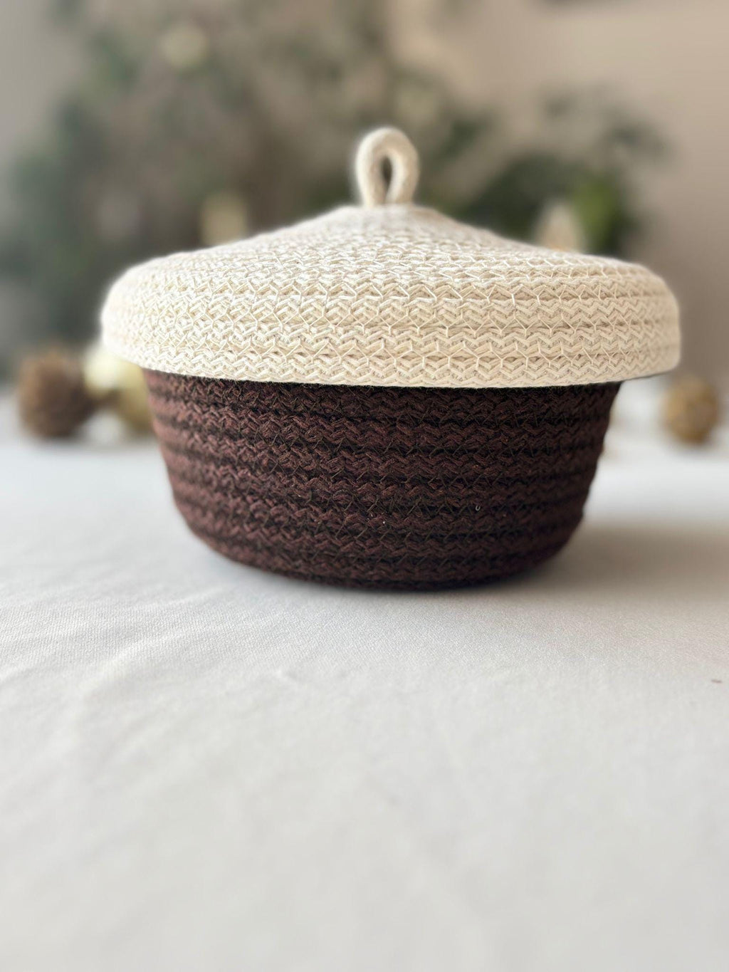 Handwoven Rope Storage Basket with Lid - Small woven Organizer, Handmade Candy Bowl