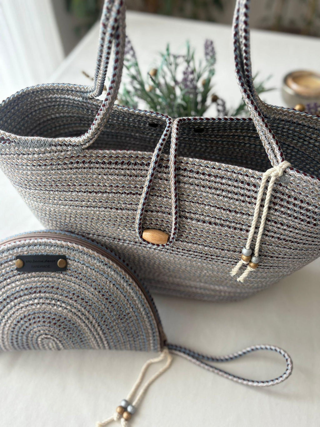 Burgundy&Blue Handwoven Jute Rope Bag: Boho Braided Shoulder Bag