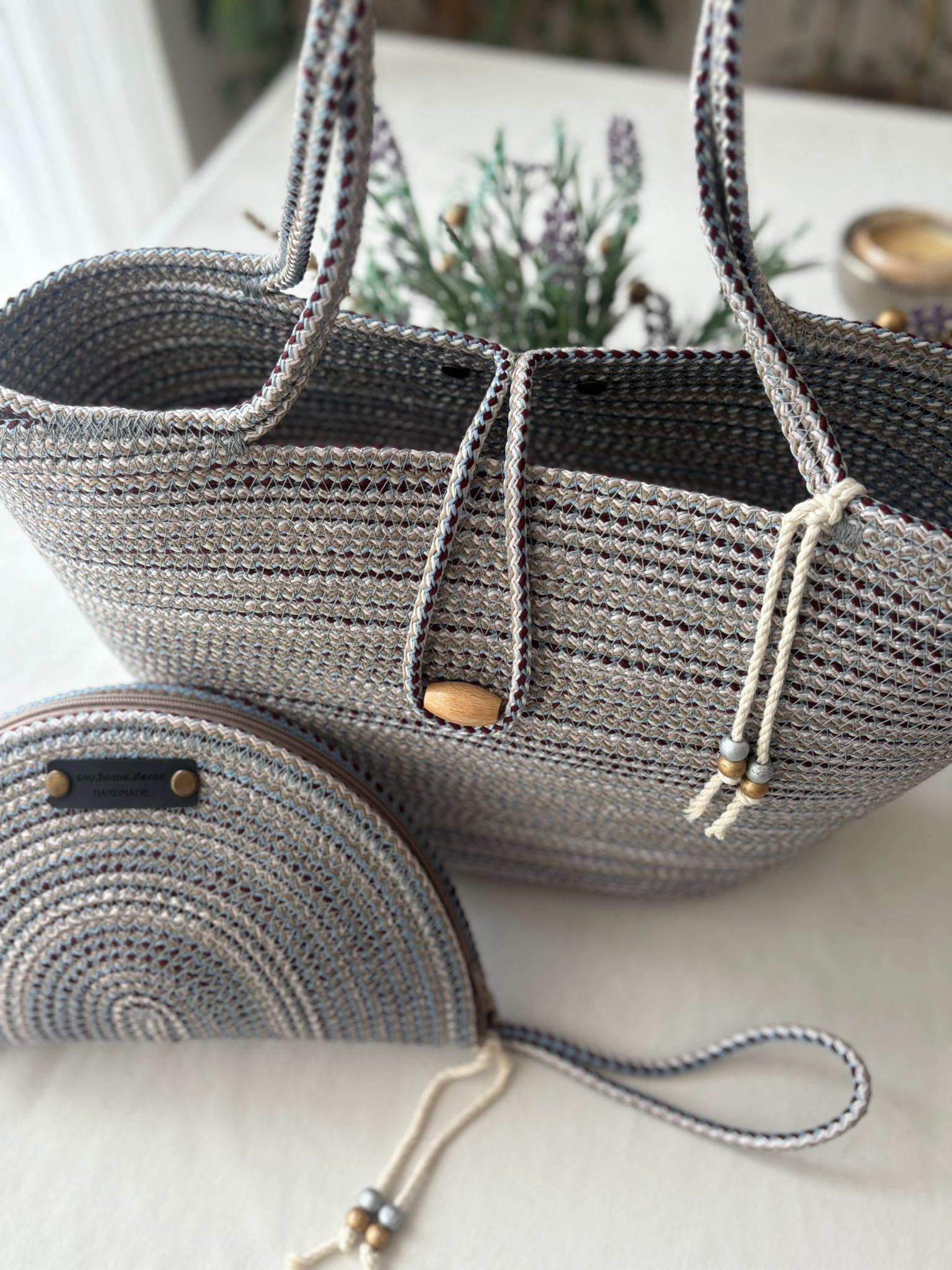 Burgundy & Blue Handwoven Jute Rope Bag: Boho Braided Shoulder Bag