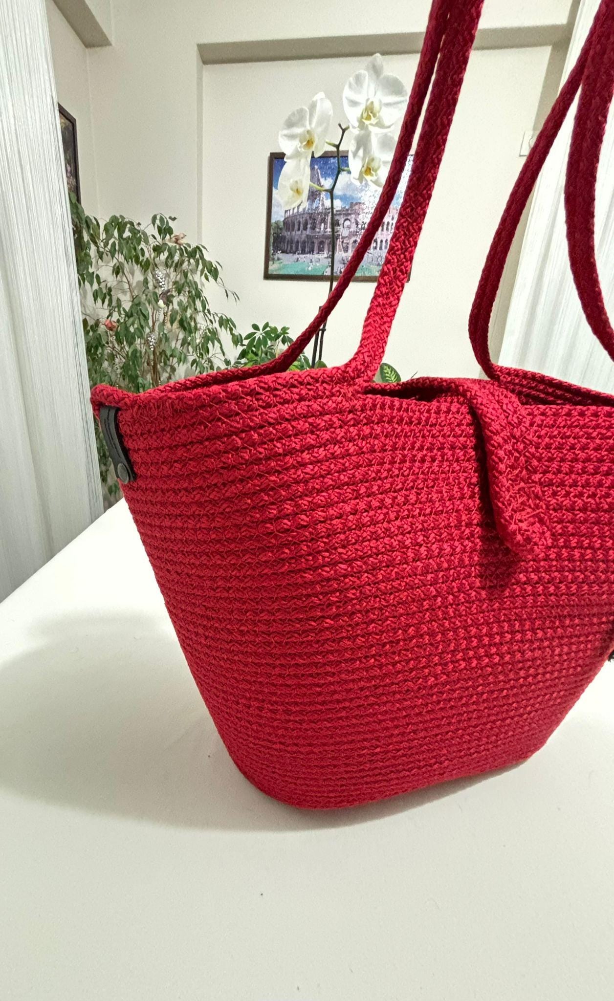 Handgewebte rote Seil-Umhängetasche: Rote Boho Strandtasche