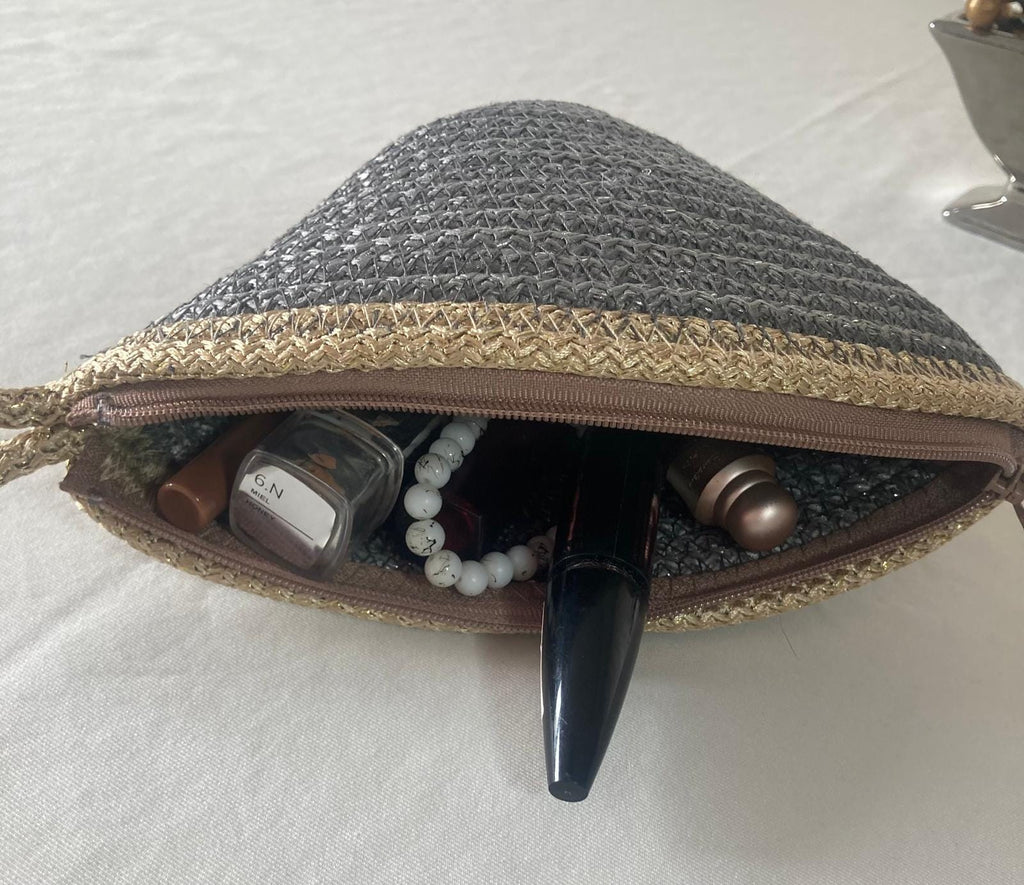 Handwoven Straw Makeup Bag: Boho Cosmetic Zipper Pouch