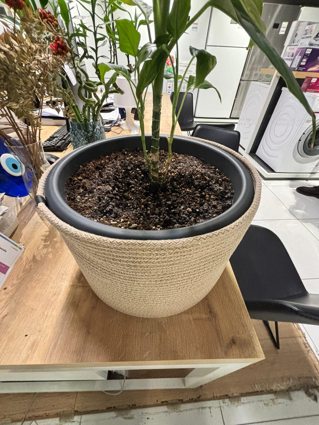 Handmade Cotton Rope Basket: Beige & White Woven Storage  Flower Pot Basket