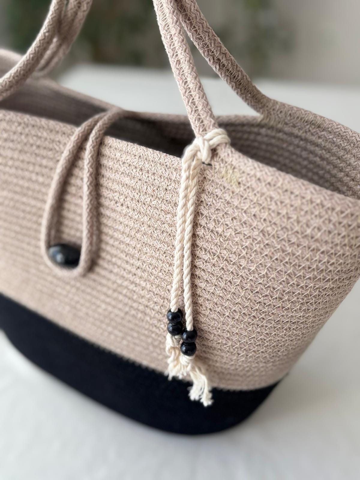Handwoven Jute Rope Bag: Beige & Black Boho Beach Tote