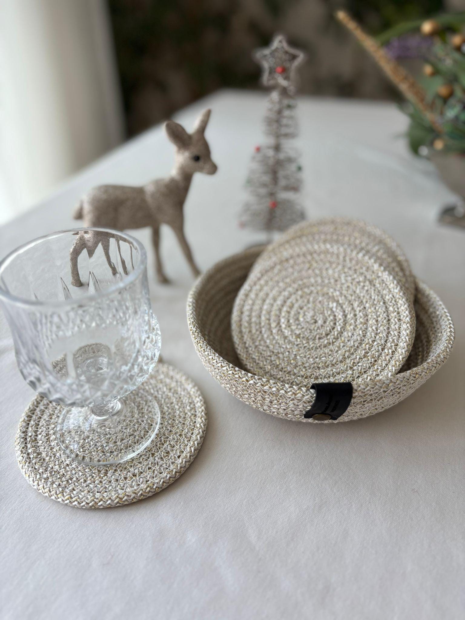 Crochet Coasters Set: Handmade Cotton Drink Coasters with Basket