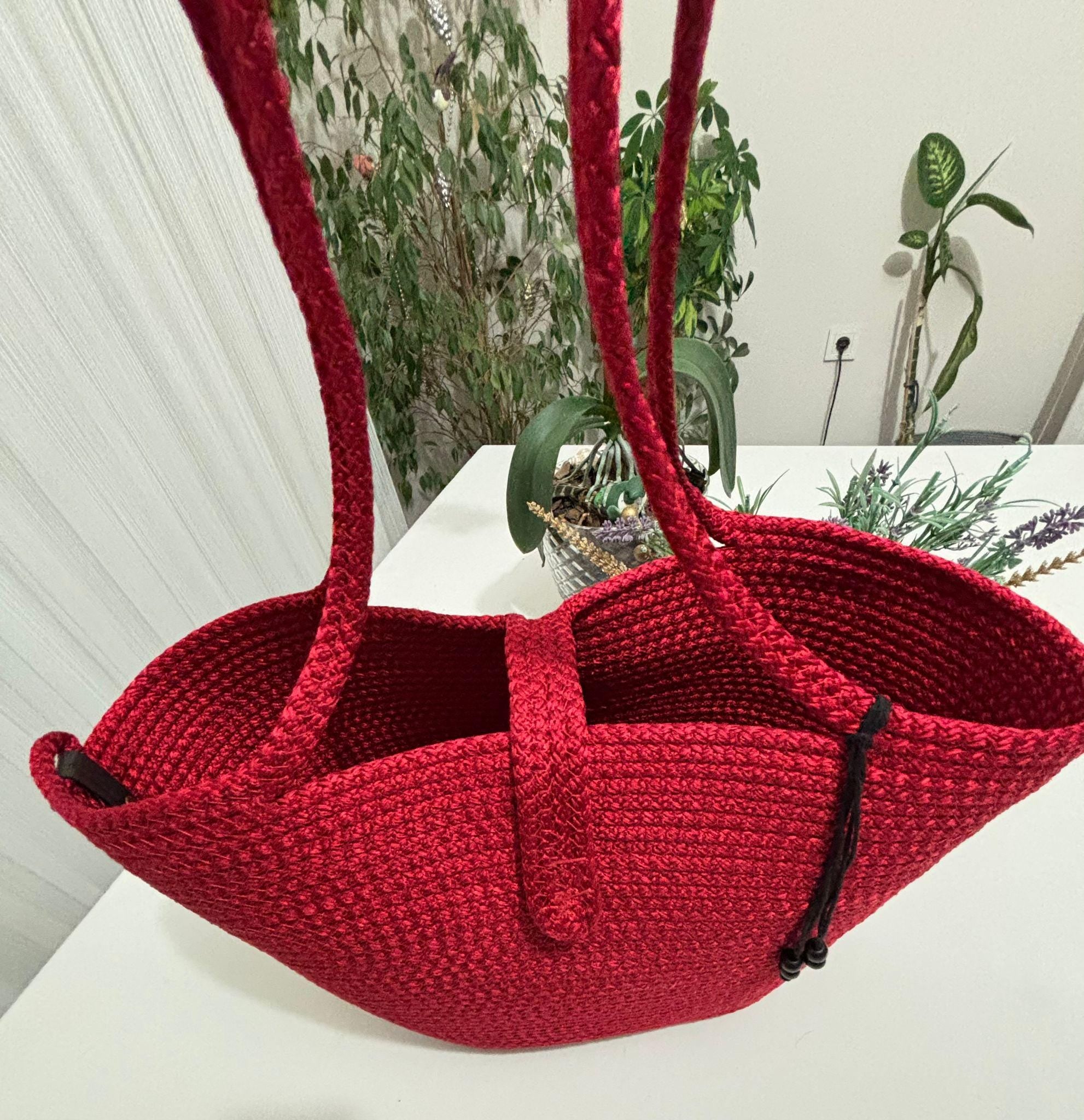 Handgewebte rote Seil-Umhängetasche: Rote Boho Strandtasche