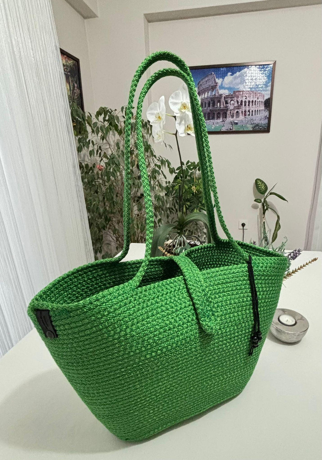 Handmade Green Jute Rope Bag: Braided Boho Beach Tote