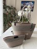 Handmade 2-piece beac bag set in beige and green with matching half-moon clutch