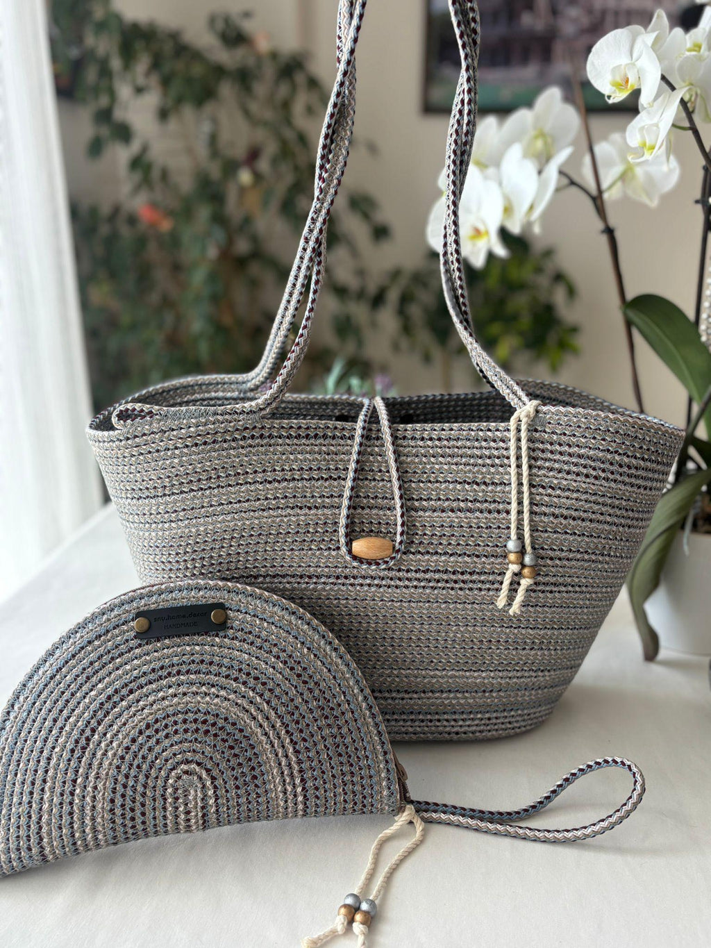Burgundy&Blue Handwoven Jute Rope Bag: Boho Braided Shoulder Bag