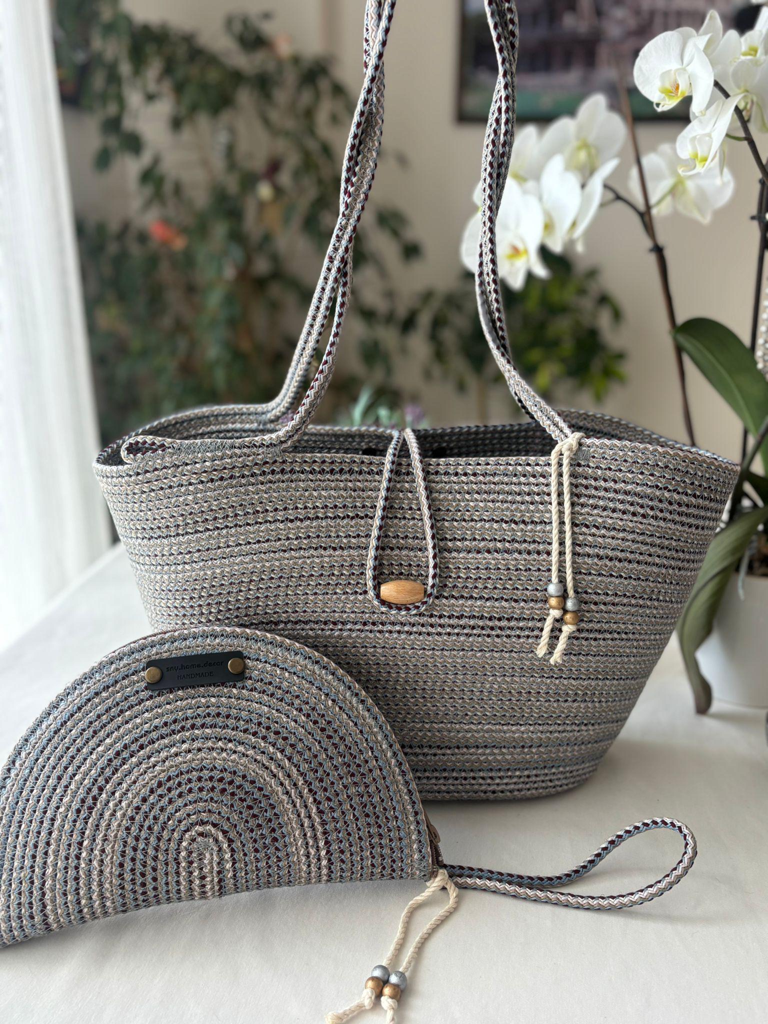 Burgundy & Blue Handwoven Jute Rope Bag: Boho Braided Shoulder Bag