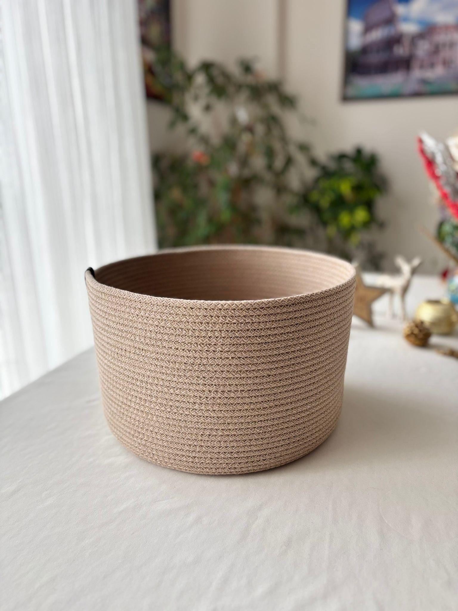 Handmade Cotton Rope Basket: Beige & White Woven Storage  Flower Pot Basket