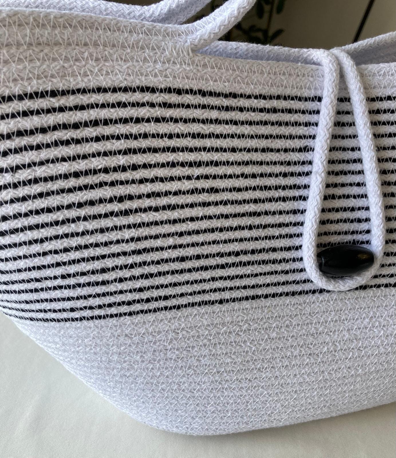 Black&White Handwoven Jute Rope Bag: Black & White Summer Beach Tote