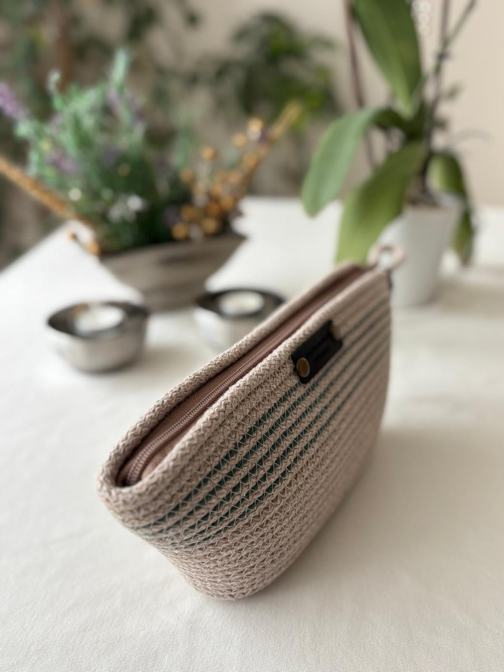 Beige&Grün Handgefertigte geflochtene Jutetasche und Beutel-Set: Beige Clutch & Strandtasche