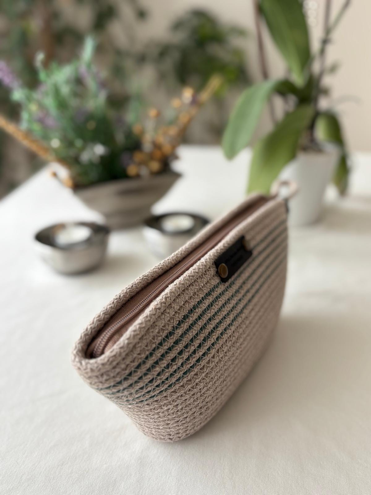 Beige&Grün Handgefertigte geflochtene Jutetasche und Beutel-Set: Beige Clutch & Strandtasche