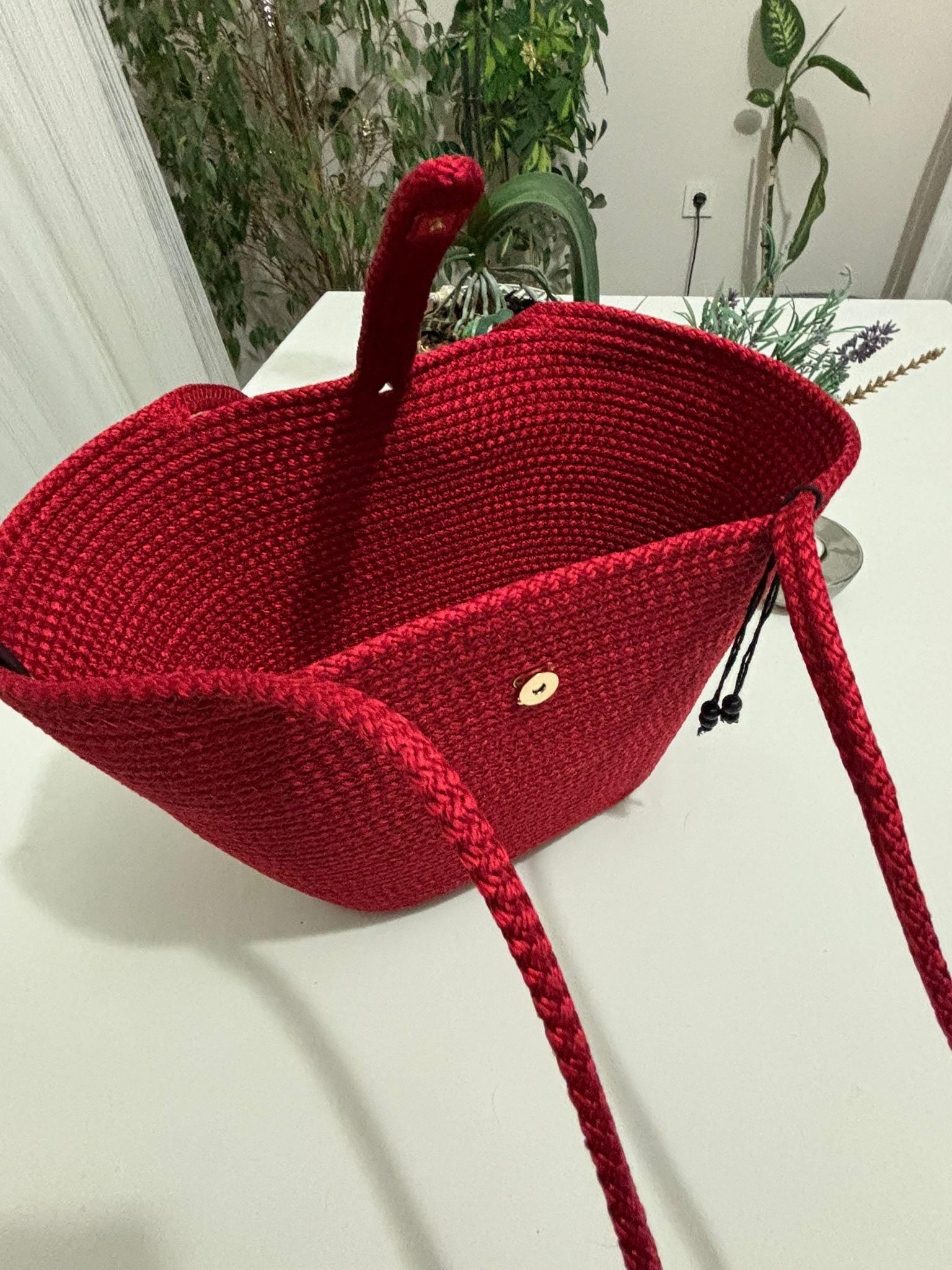 Handgewebte rote Seil-Umhängetasche: Rote Boho Strandtasche