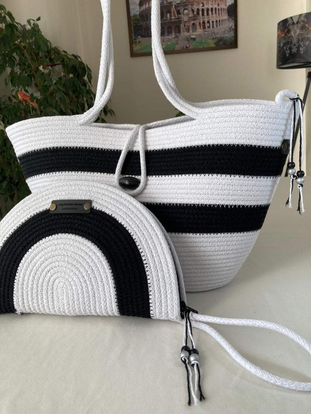 Black&White Handwoven Jute Rope Bag Set: Braided Beach Tote & Clutch