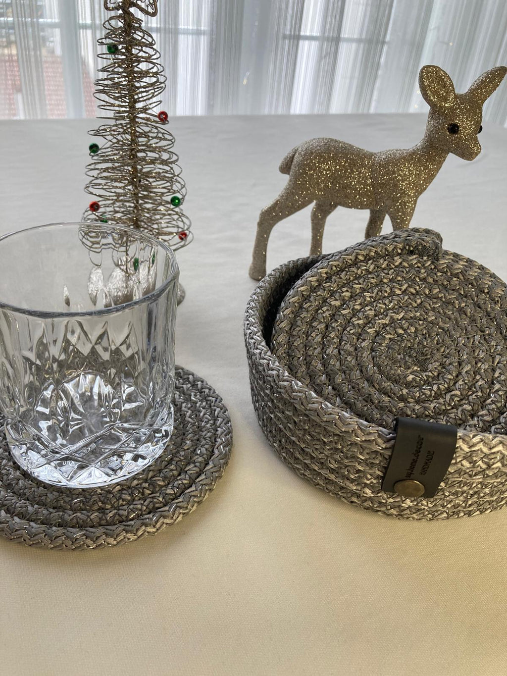 Crochet Coasters Set: Handmade Cotton Drink Coasters with Basket