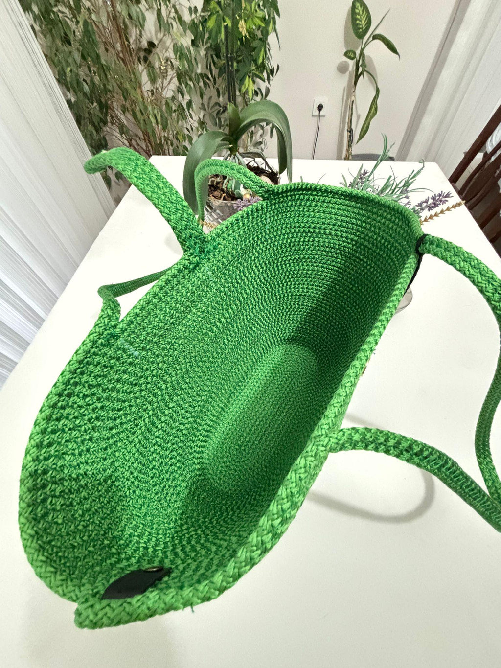 Handmade Green Jute Rope Bag: Braided Boho Beach Tote
