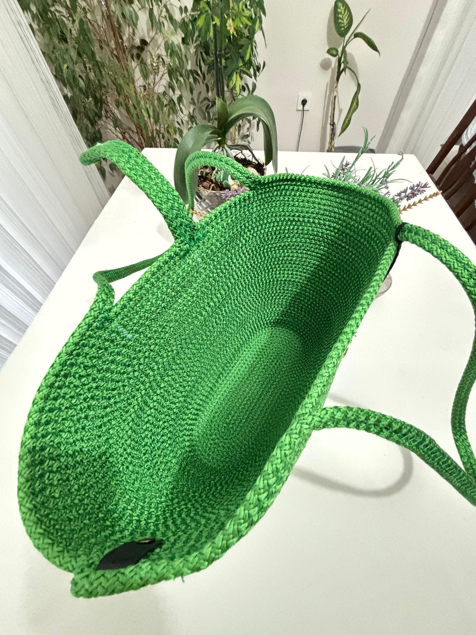Handmade Green Jute Rope Bag: Braided Boho Beach Tote