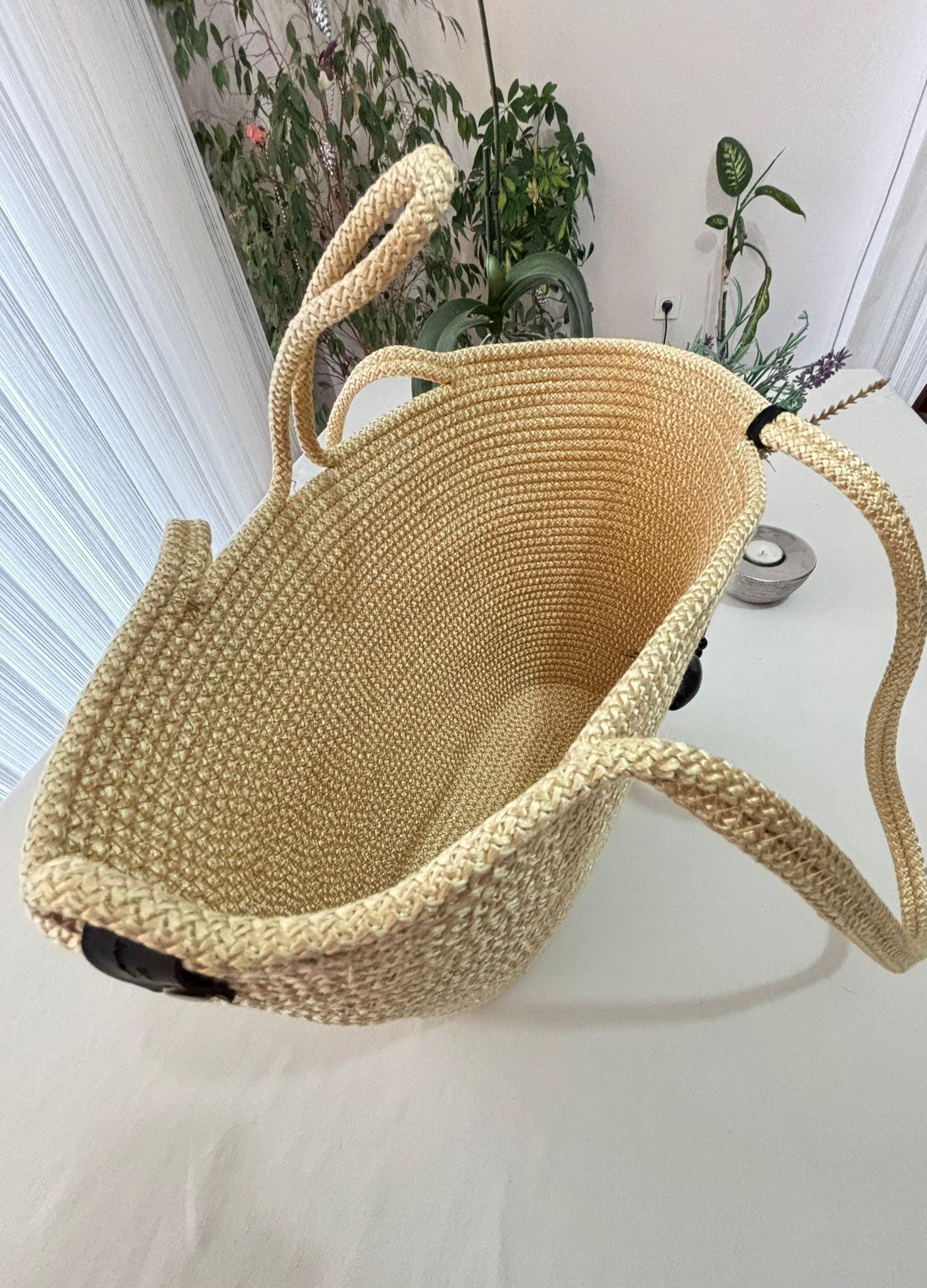 Handgefertigte gelbe (goldene) Tasche aus Jute-Seil: Geflochtene Boho-Strandtasche