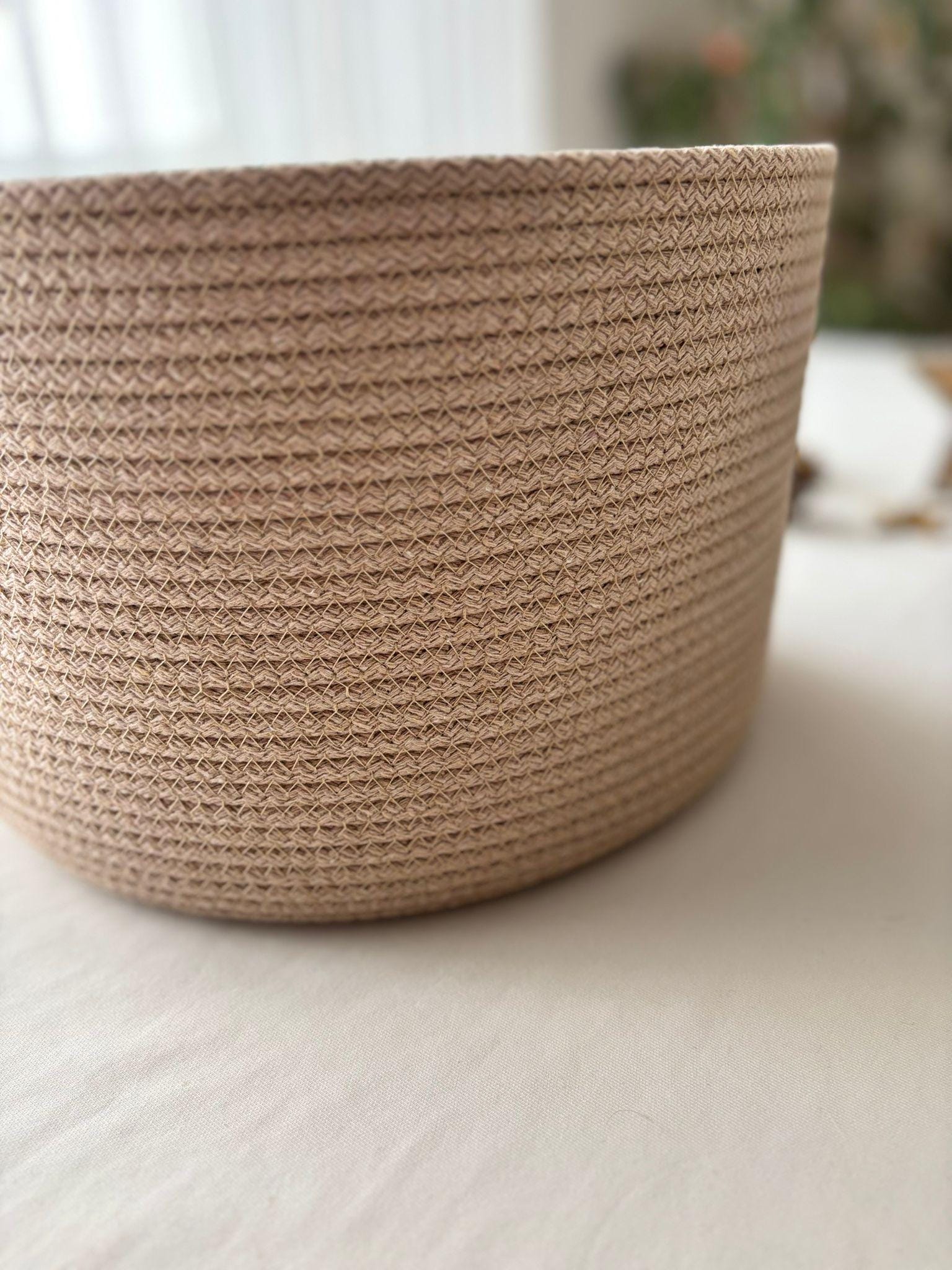 Handmade Cotton Rope Basket: Beige & White Woven Storage  Flower Pot Basket