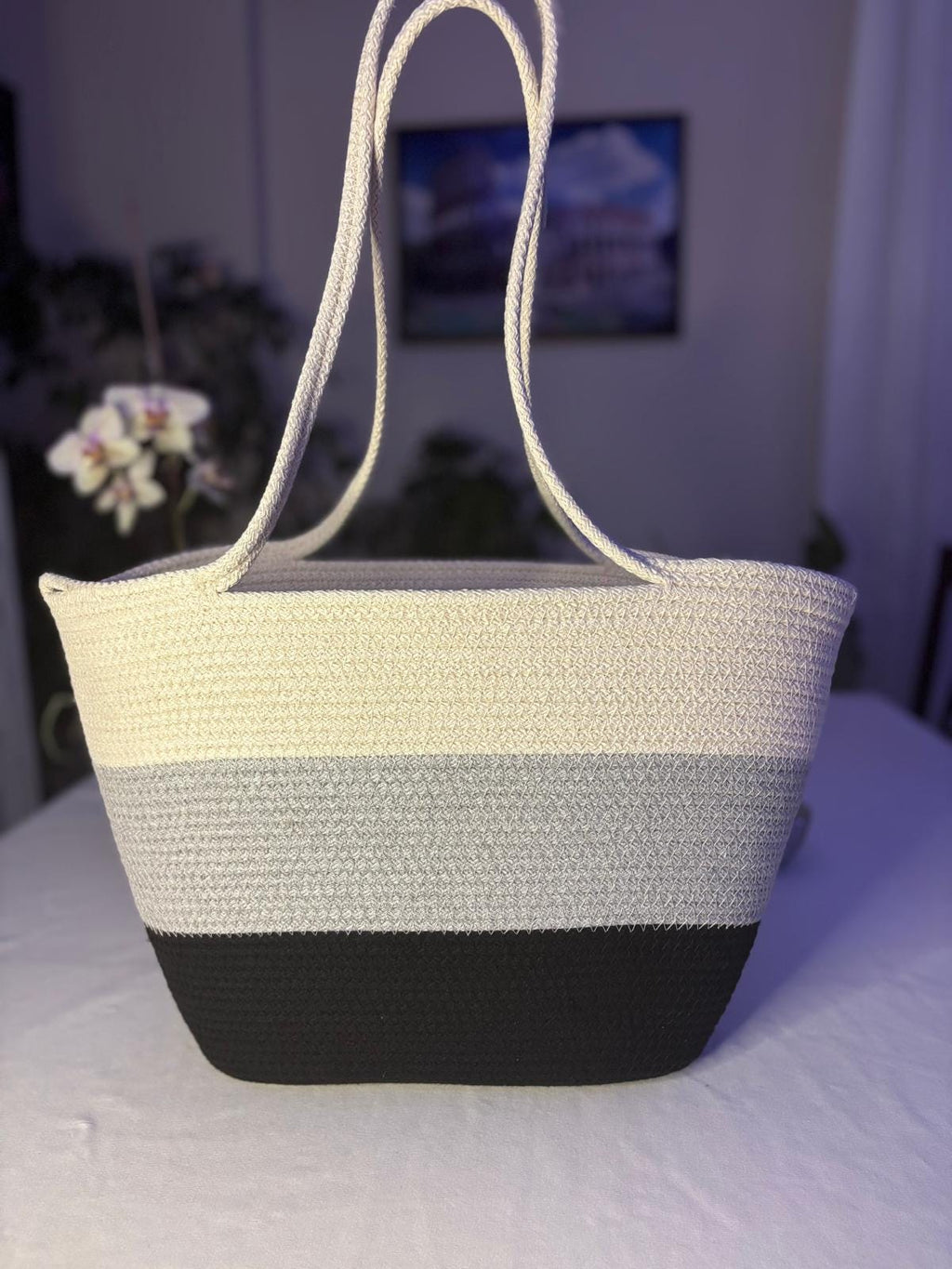 Schwarz & Grau & Weiß Handgewebte Juteseil Schultertasche