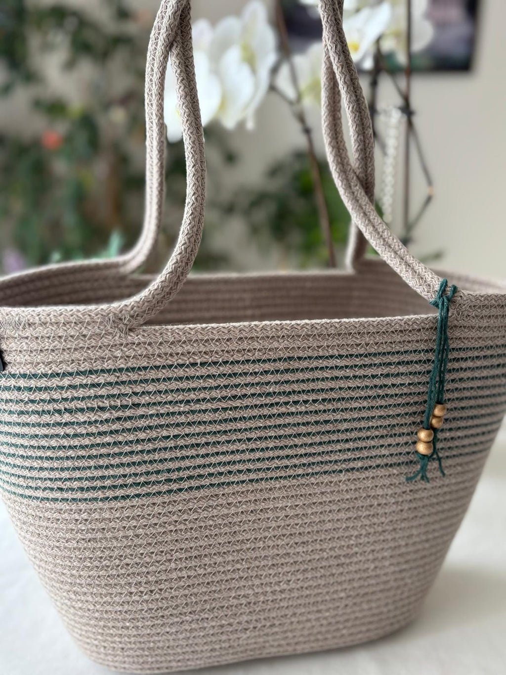 Beige&Grün Handgefertigte geflochtene Jutetasche und Beutel-Set: Beige Clutch & Strandtasche