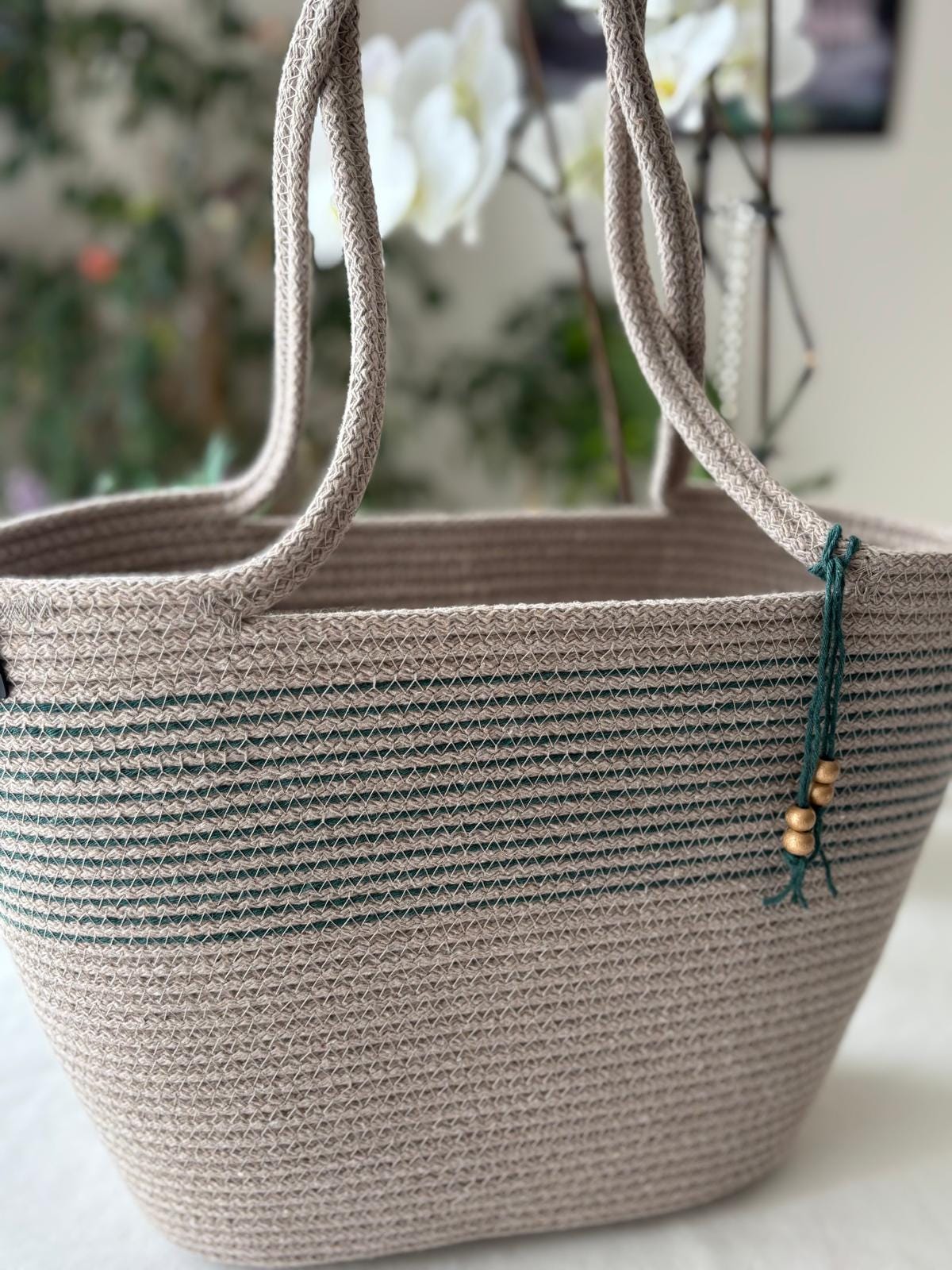 Beige&Grün Handgefertigte geflochtene Jutetasche und Beutel-Set: Beige Clutch & Strandtasche