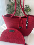 Handmade 2-piece beac bag set in shiny red with matching half-moon clutch