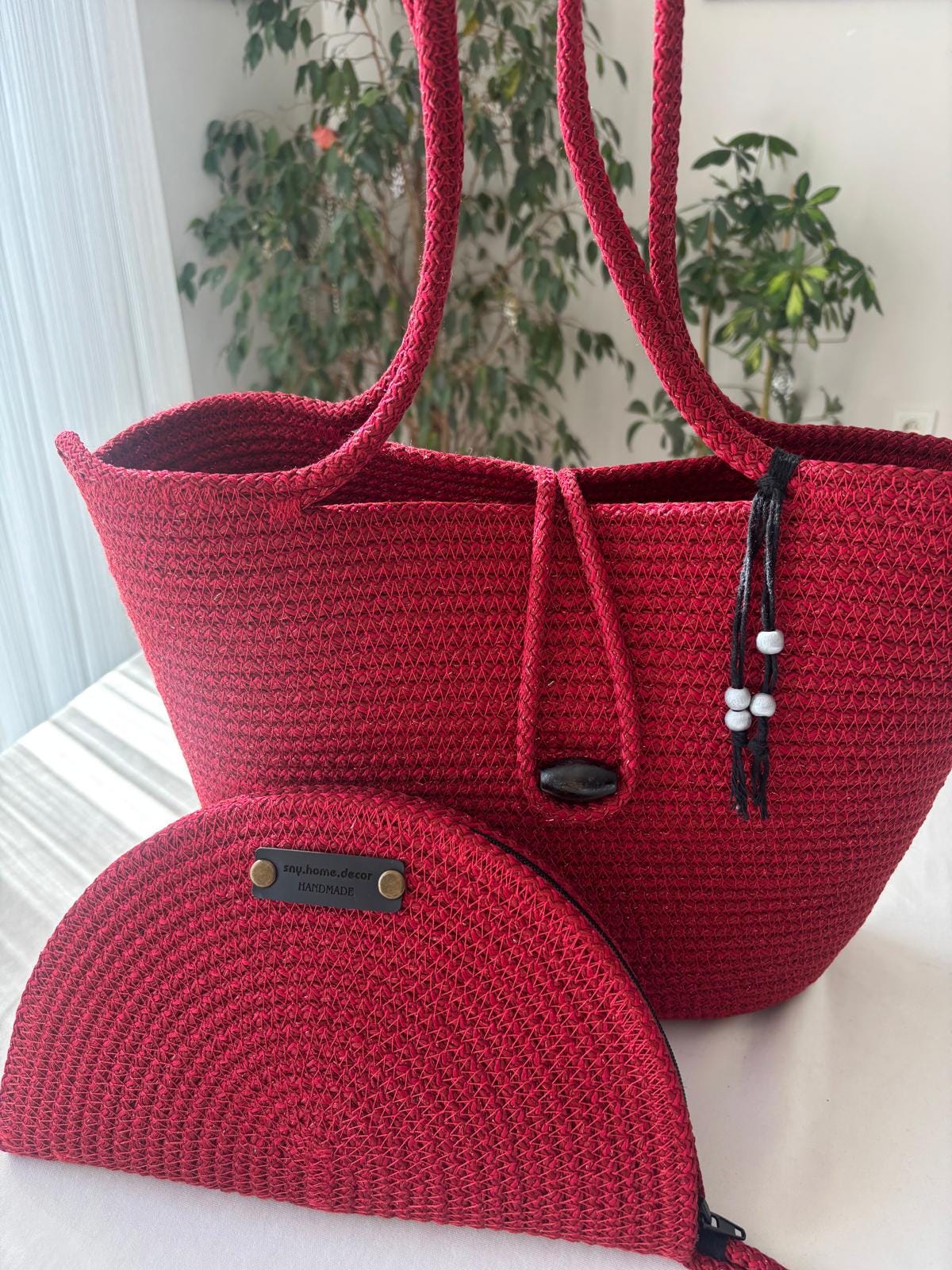 Glänzende rote handgemachte Jute-Seil Umhängetasche: Geflochtene Boho-Tasche