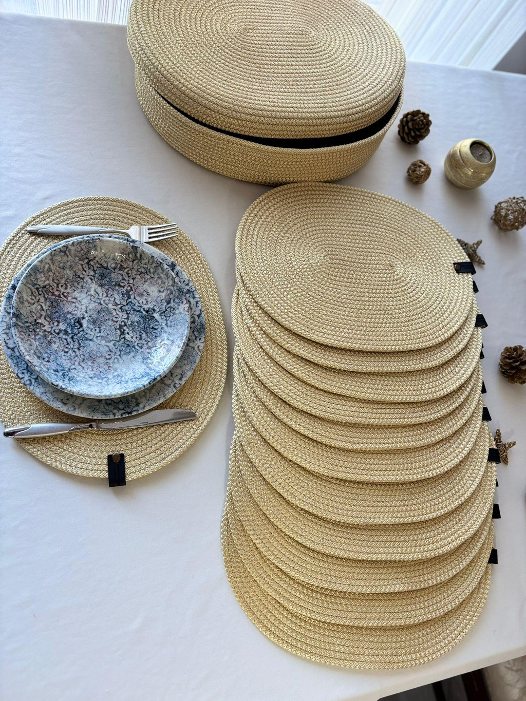 Handmade Woven Placemats & Box with lid Set: Boho Table Decor