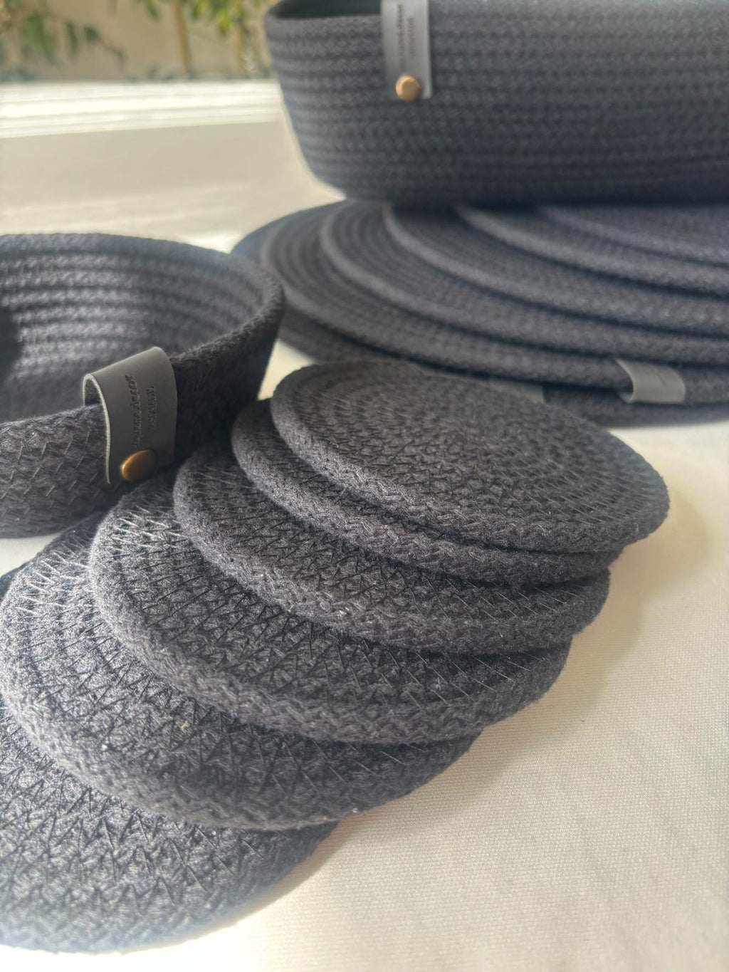 Black Cotton Rope Placemat Set: Dining Table Decor with Coasters & Bread Basket