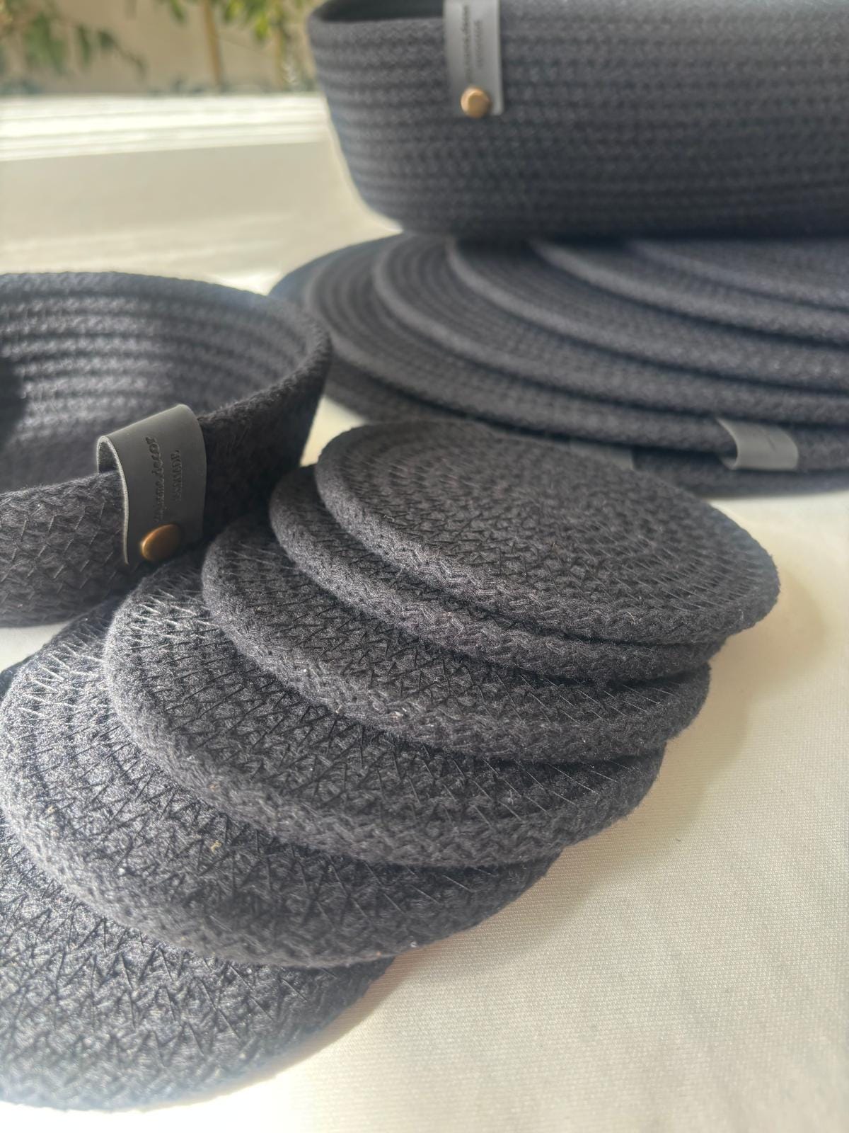 Black Cotton Rope Placemat Set: Dining Table Decor with Coasters & Bread Basket