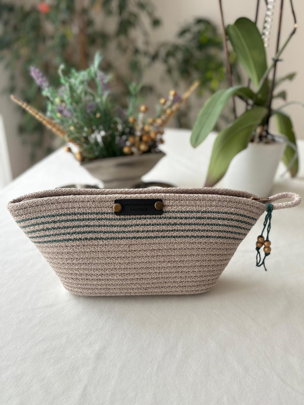 Beige&Grün Handgefertigte geflochtene Jutetasche und Beutel-Set: Beige Clutch & Strandtasche
