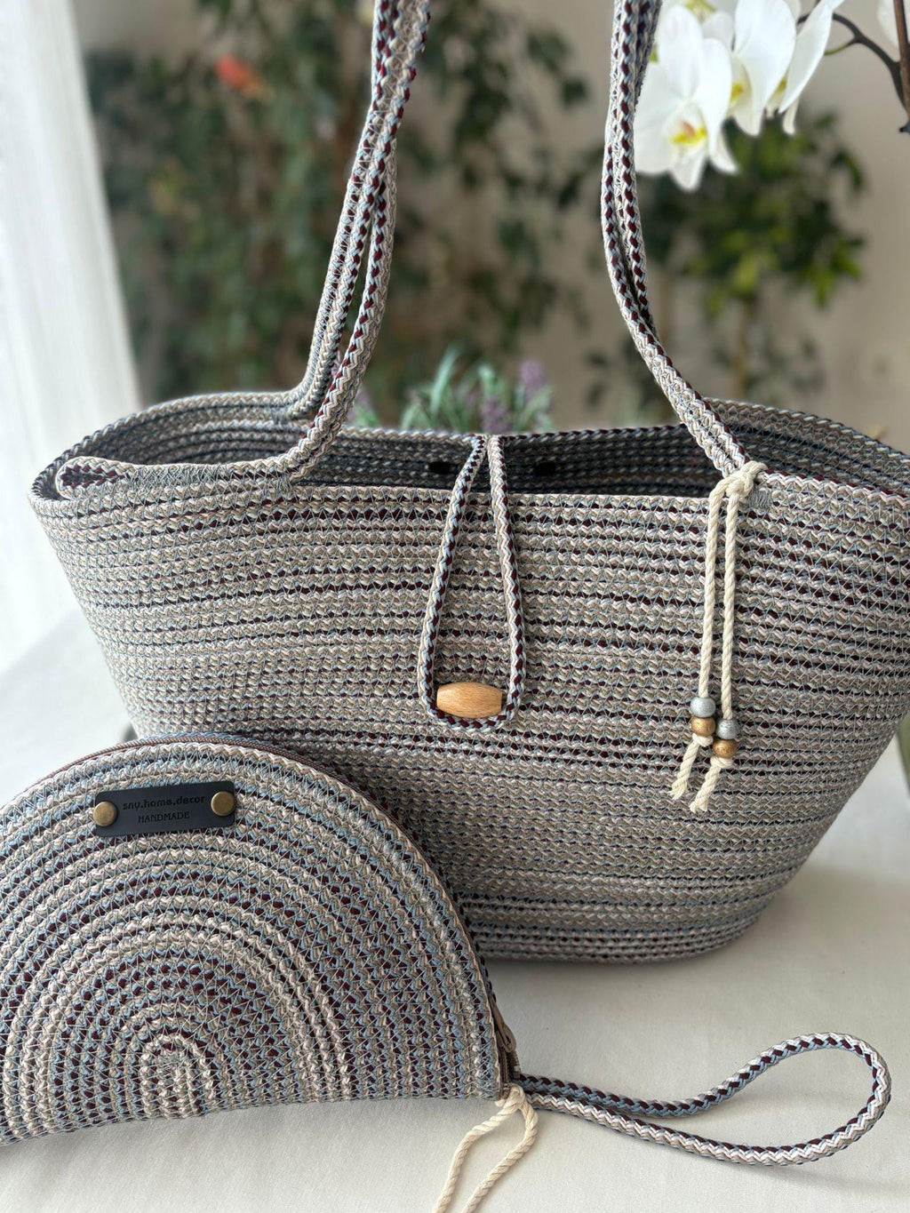 Burgundy&Blue Handwoven Jute Rope Bag: Boho Braided Shoulder Bag