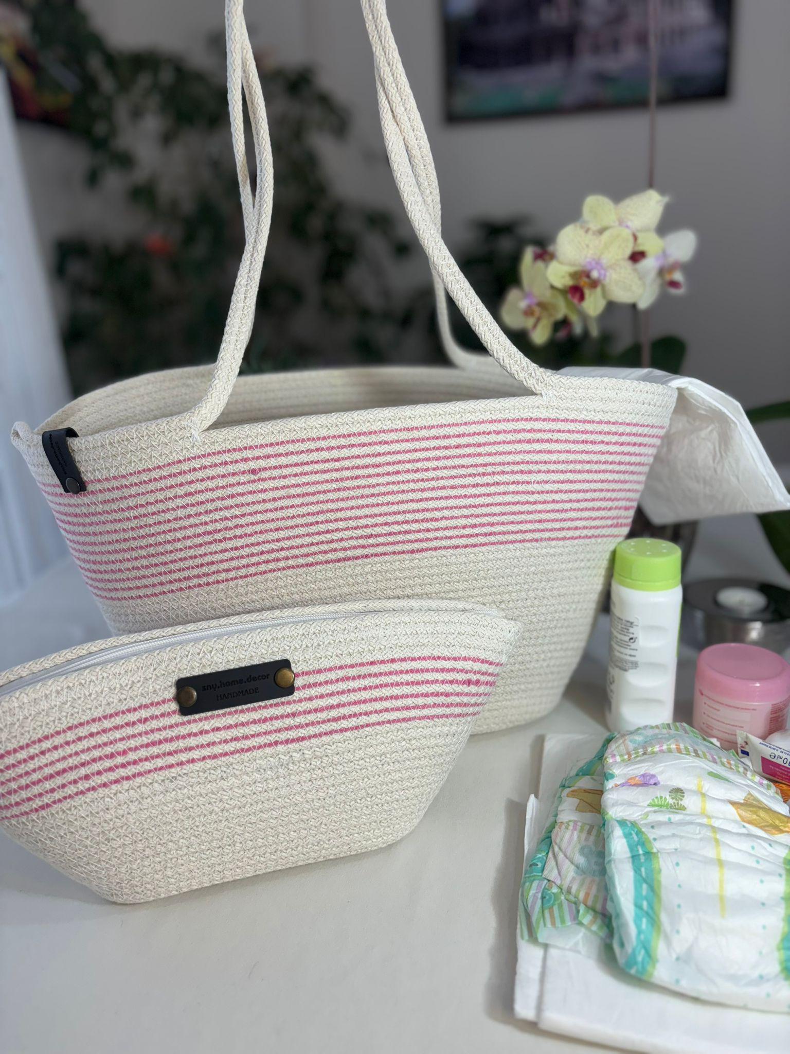 Pink & White handgefertigte Juteseil-Handtasche: Geflochtene Boho Strandtasche