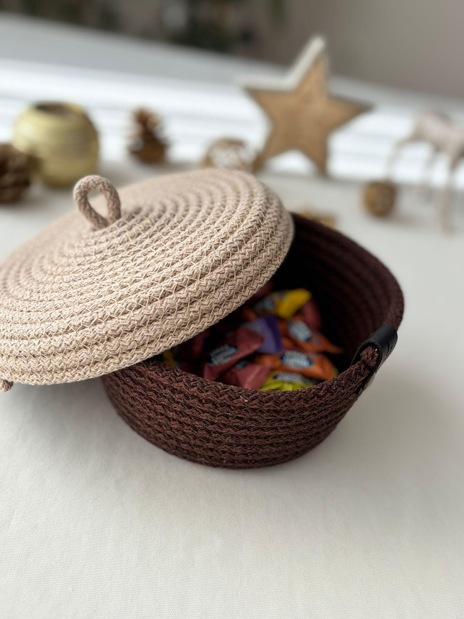 Handwoven Rope Storage Basket with Lid - Small woven Organizer, Handmade Candy Bowl