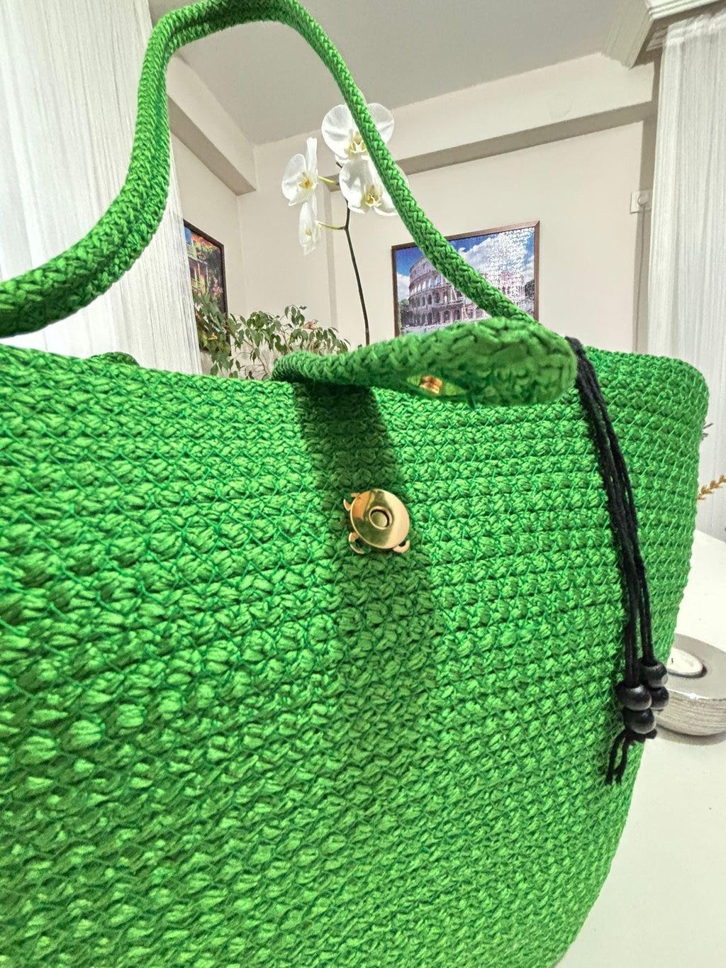 Handmade Green Jute Rope Bag: Braided Boho Beach Tote