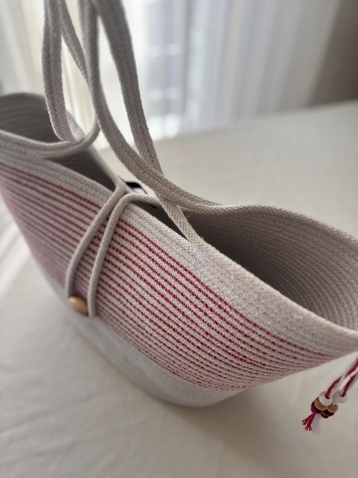 Rot & Weiß Handgewebte Jute Seiltasche: Sommer Strandtasche