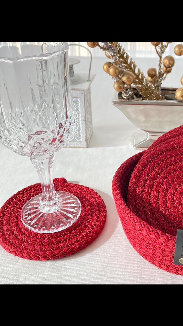 Red Cotton Rope Placemat Set: Dining Table Decor, Bread Basket & Coasters