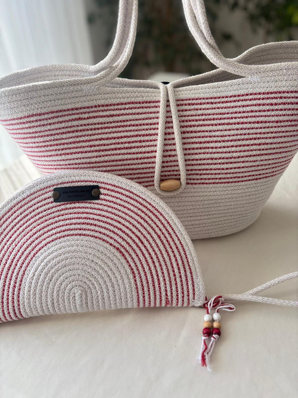 Red & White Handwoven Jute Rope Bag:  Summer Beach Tote