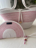 Red & White Handwoven Jute Rope Bag:  Summer Beach Tote