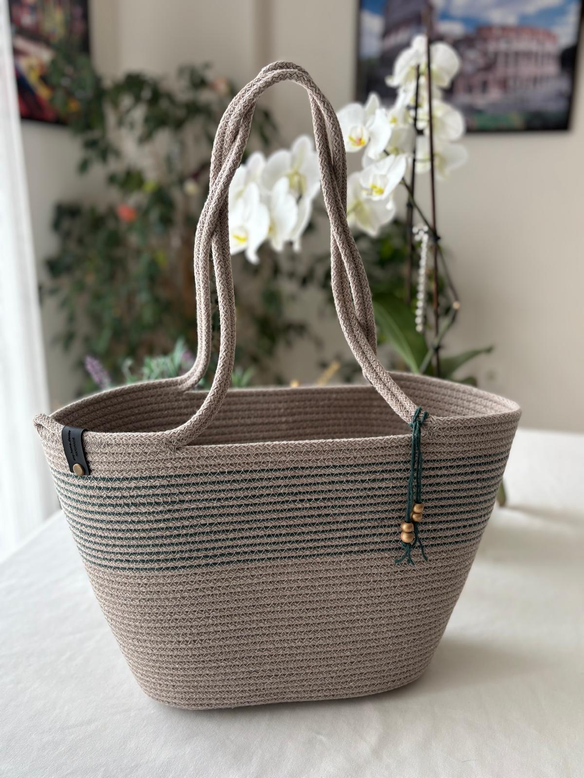 Beige&Grün Handgefertigte geflochtene Jutetasche und Beutel-Set: Beige Clutch & Strandtasche