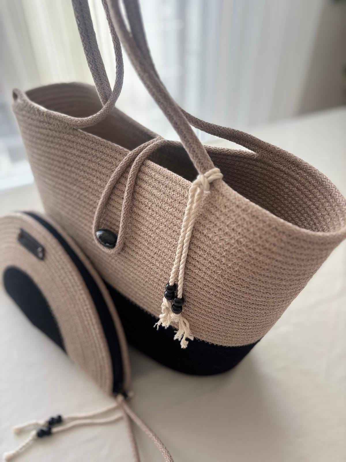 Handwoven Jute Rope Bag: Beige & Black Boho Beach Tote